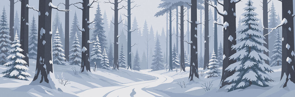 Pad tussen besneeuwde dennen — volledig ontwerp