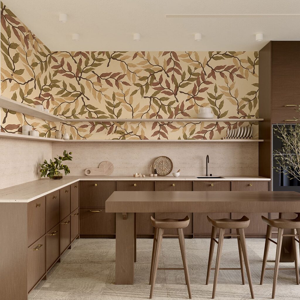 Bladmotief op een beige achtergrond in een interieur