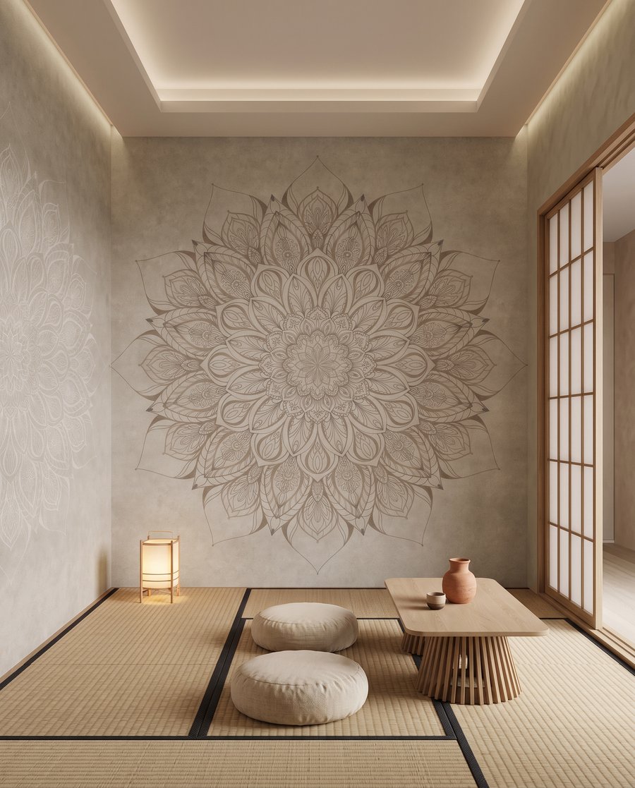 Mandala op verweerde zandkleur — interieur 1