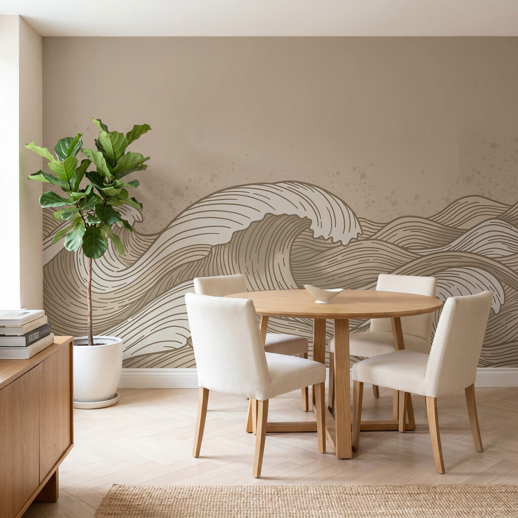 Tekening van golven op zee in een interieur