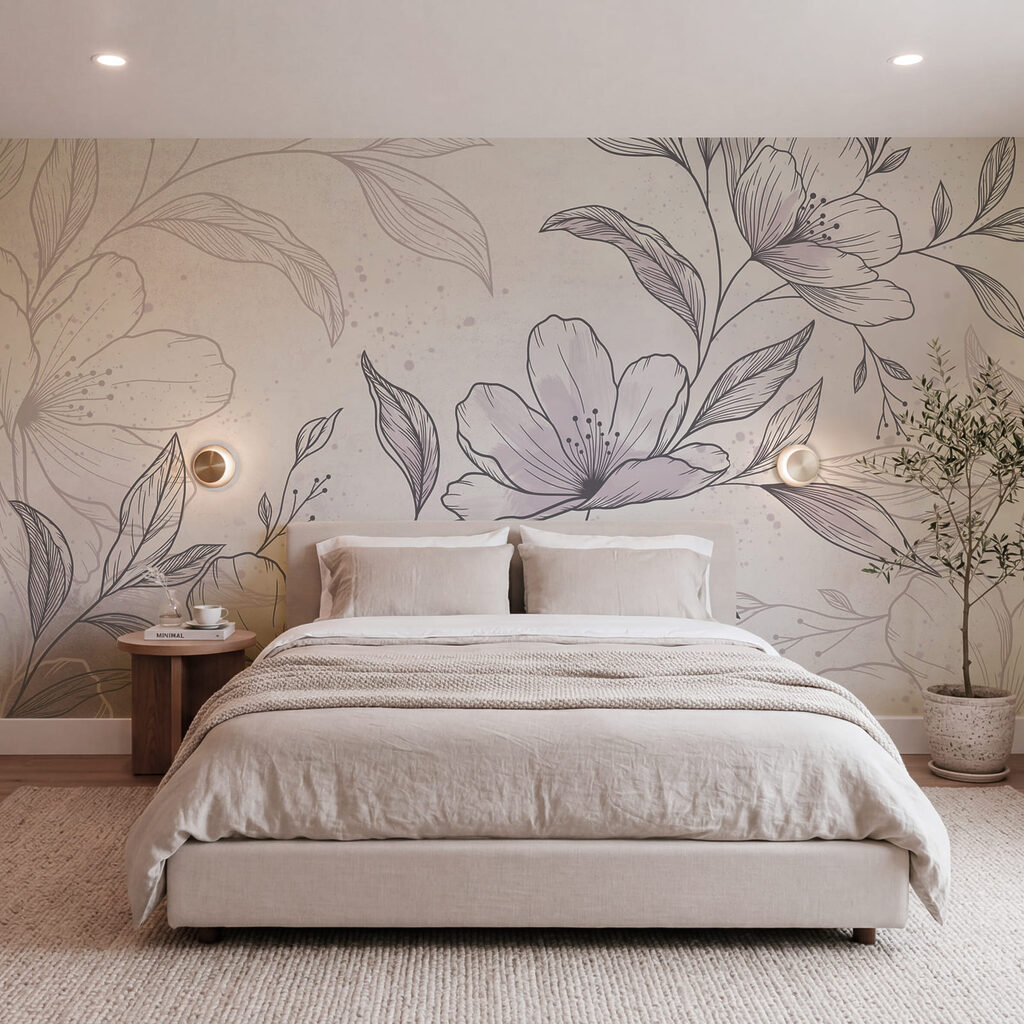 Tekening van bloemen en bladeren in een interieur