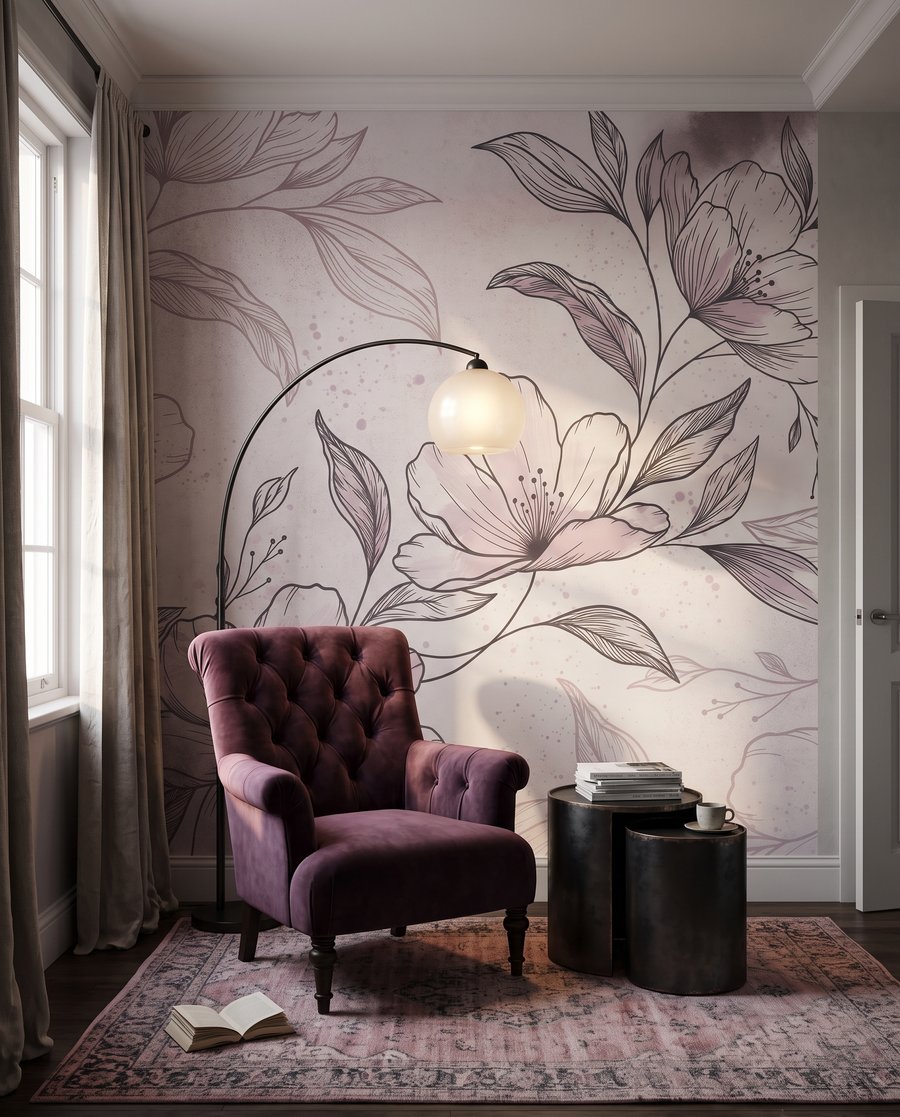 Bloesemtak in fijne arcering in een interieur