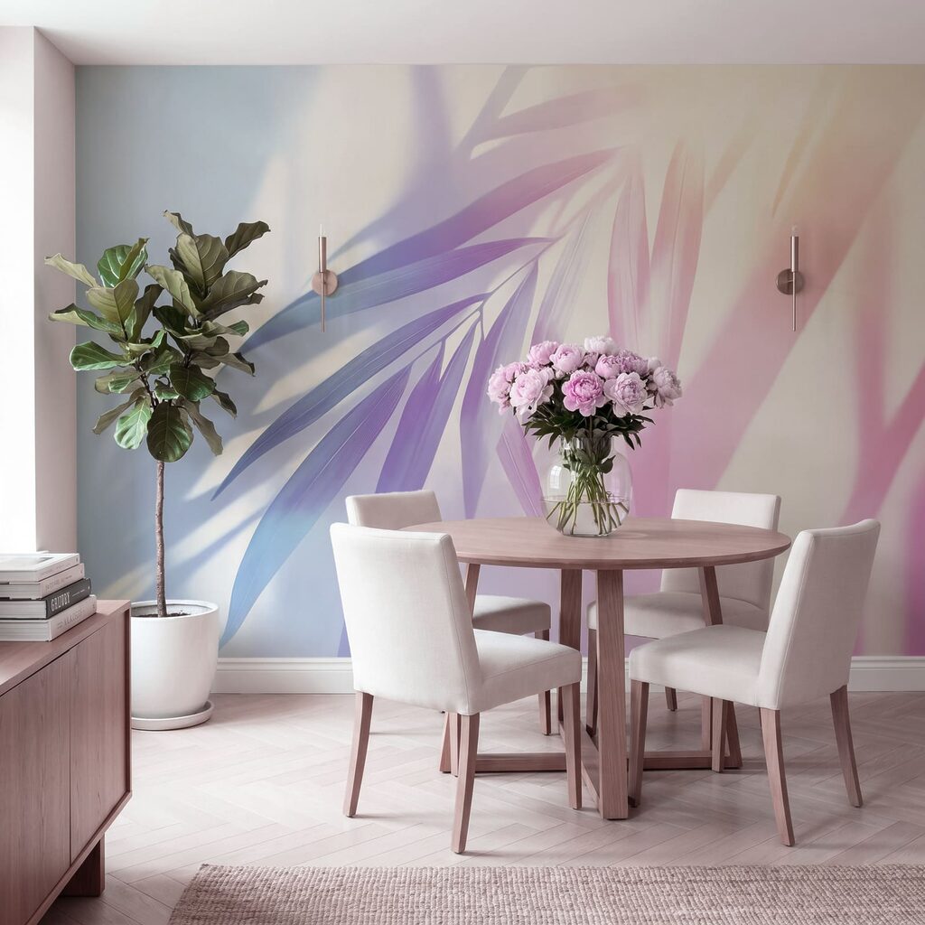 Fijn blad met zachte pasteltinten in een interieur
