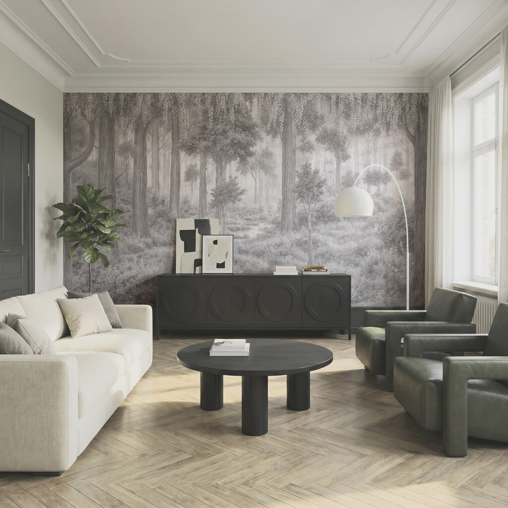 Bos met bomen en planten in een interieur