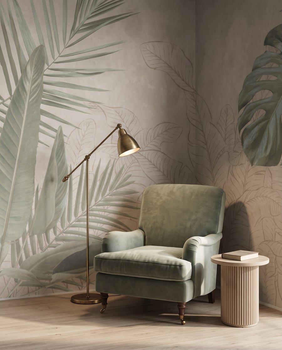 Tropisch blad als schets in een interieur