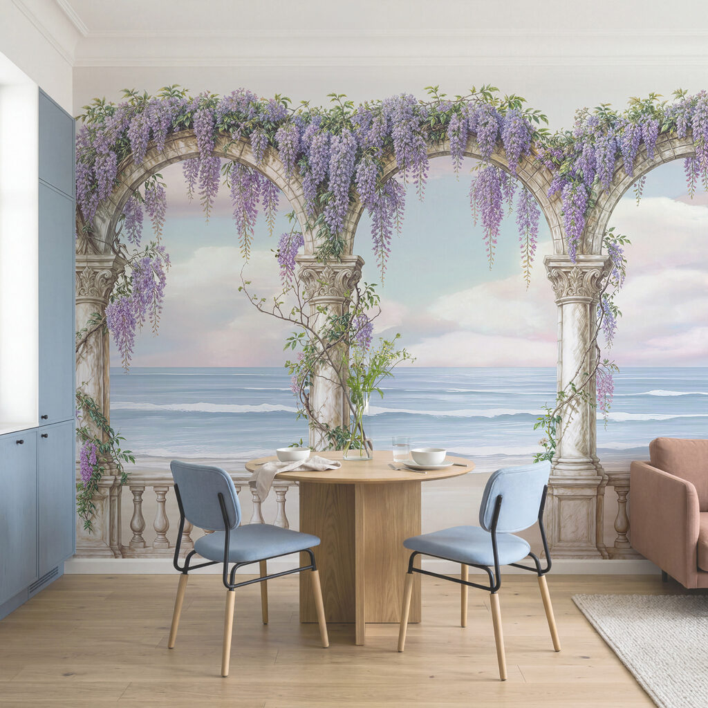 Schilderij van een boog met paarse bloemen erop in een interieur