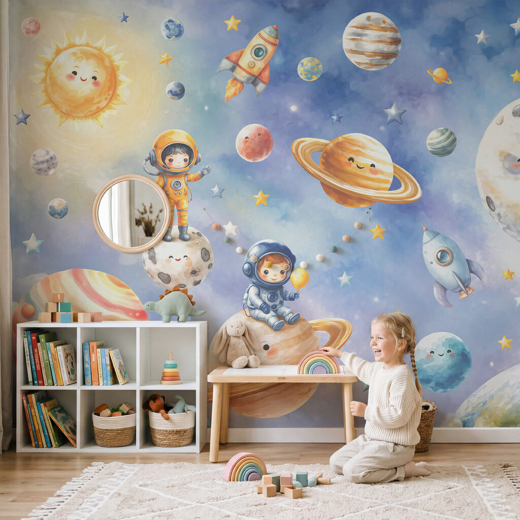 Groep van stripastronauten en planeten in een interieur
