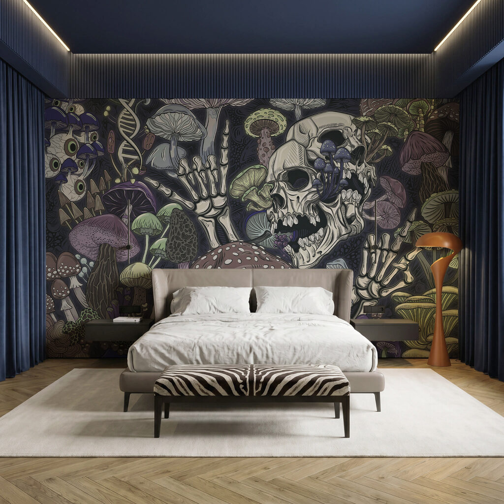 Skelet en paddenstoelen met een hand in een interieur