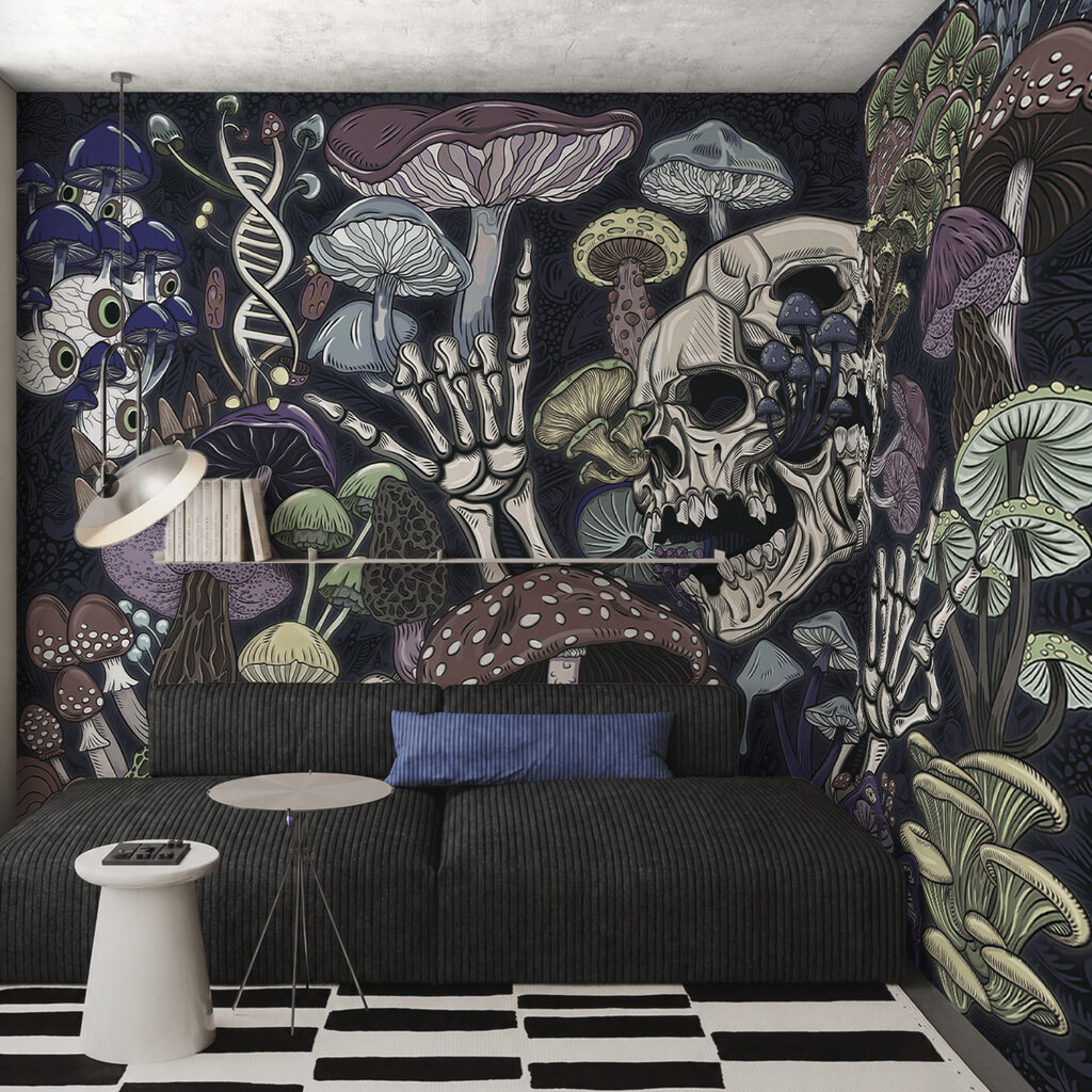 Schedel tussen donkere paddenstoelen — interieur 3