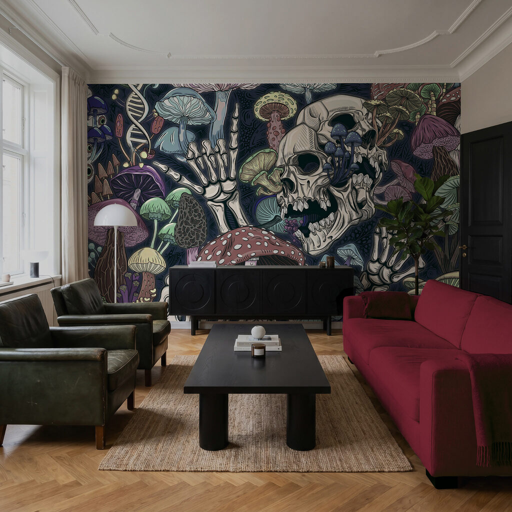 Schedel tussen donkere paddenstoelen — interieur 2