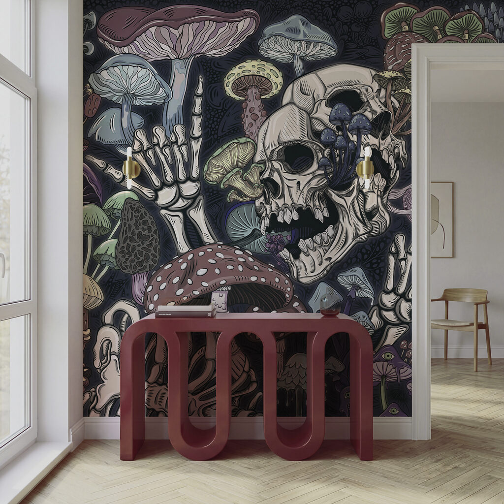 Schedel tussen donkere paddenstoelen — interieur 4