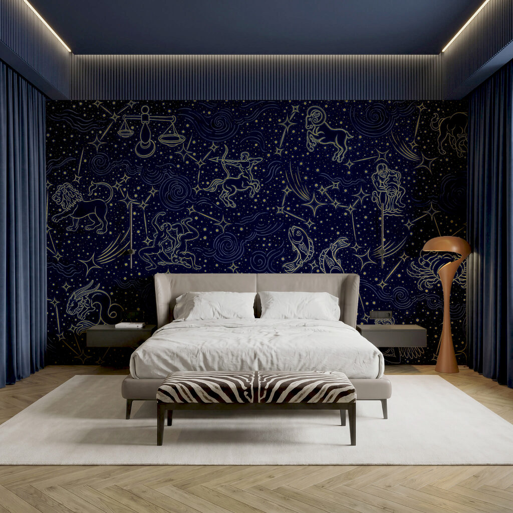 Sterrenbeelden en sterren op een zwarte achtergrond in een interieur