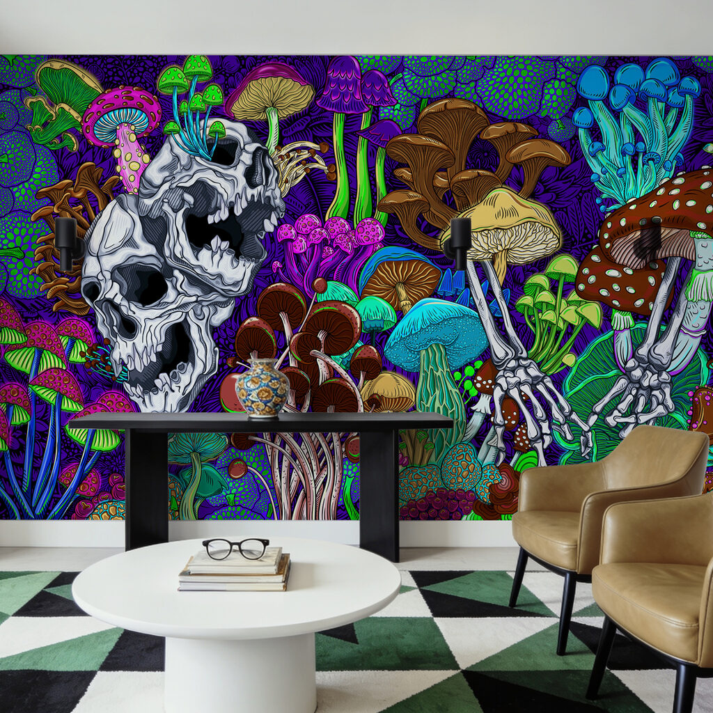 Kleurrijke kunst met paddenstoelen en schedels in een interieur