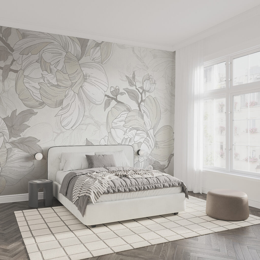 Wit en grijs bloemenpatroon in een interieur