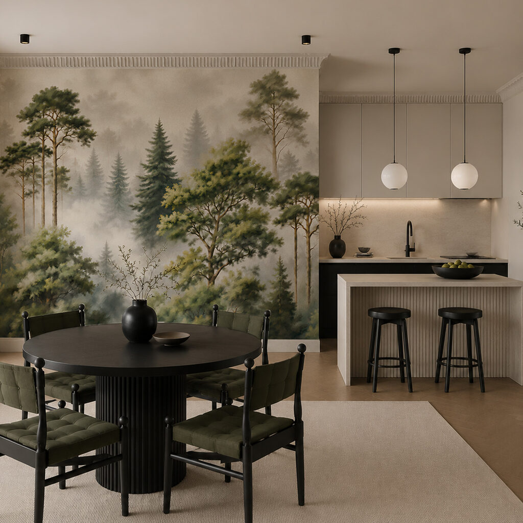 Naaldbomen in geschilderde bosmist — interieur 4