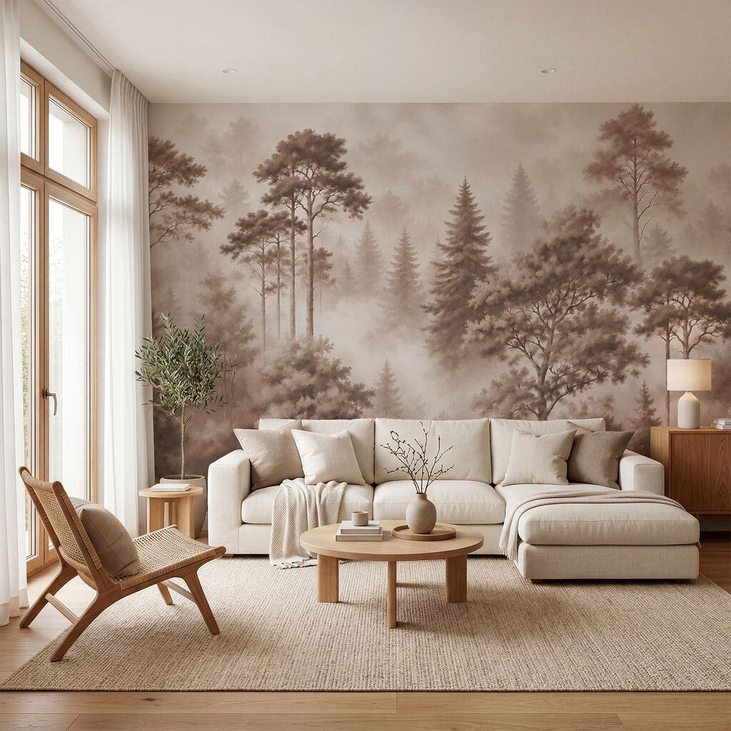 Mistig bos met bomen in een interieur