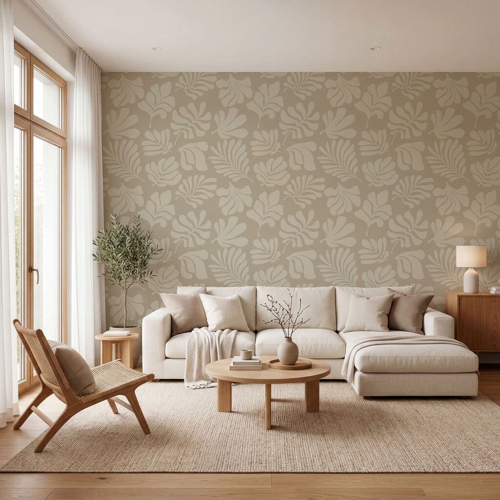 Bladmotief op een beige achtergrond in een interieur