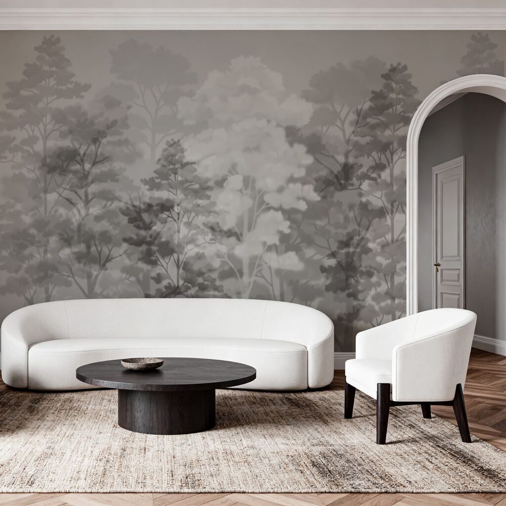 Een groep bomen in een mistige omgeving in een interieur