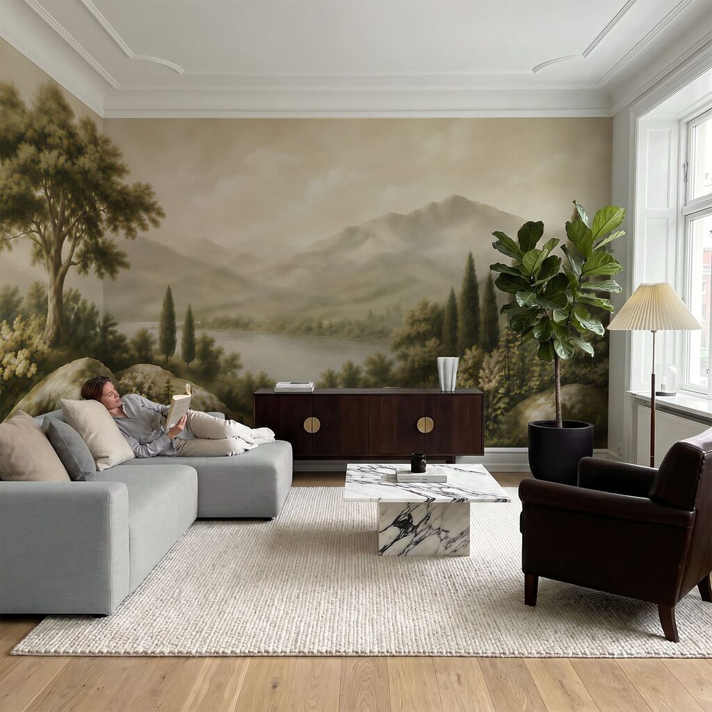 Schilderij van een meer en bergen in een interieur