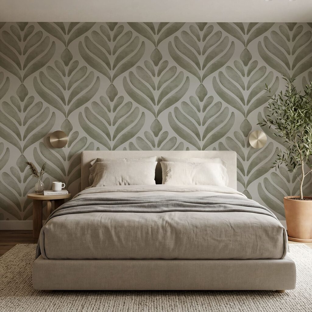Bladmotief op een grijze achtergrond in een interieur