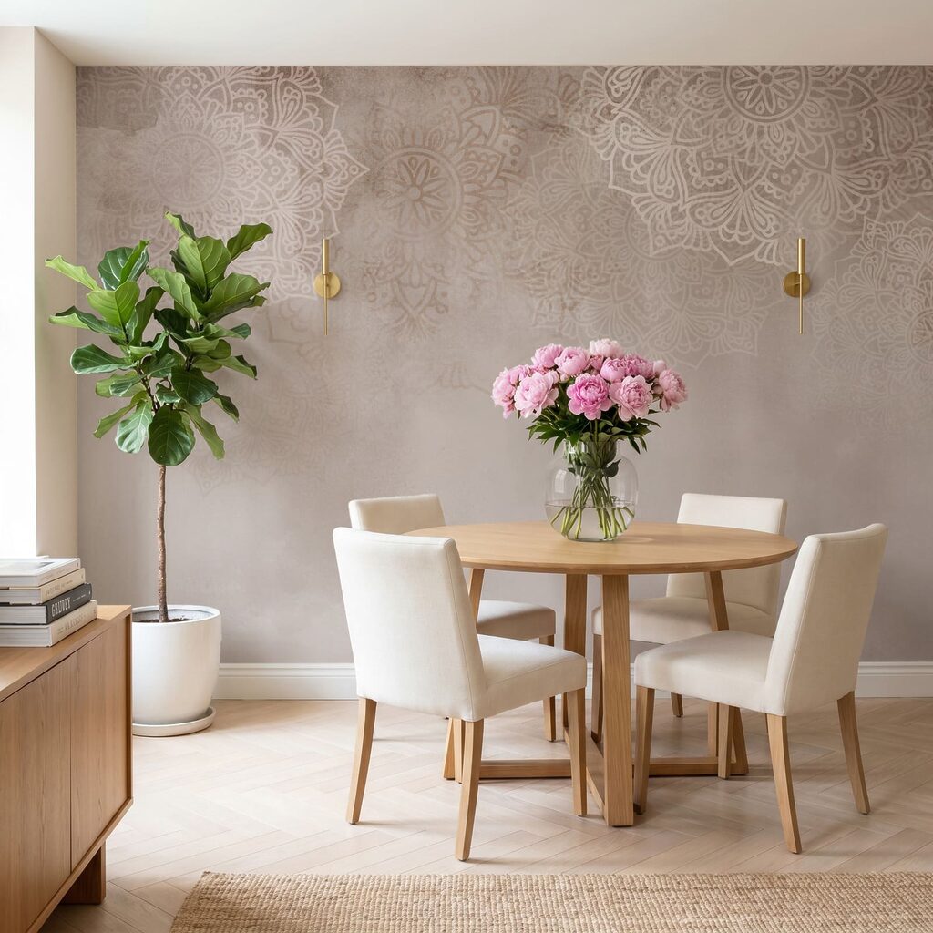 Witte en roze achtergrond met witte mandala’s in een interieur