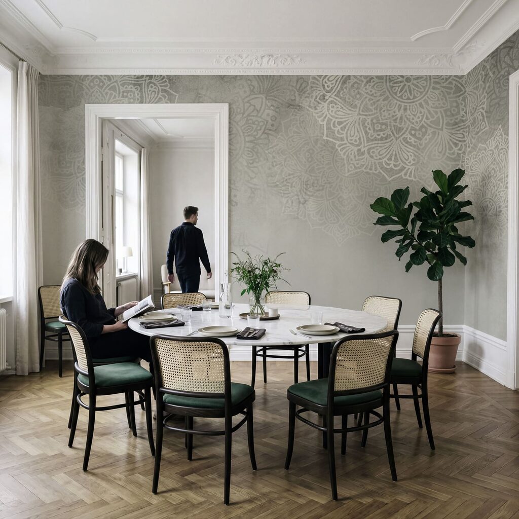 Kantmotieven boven een kleurwaas — interieur 4