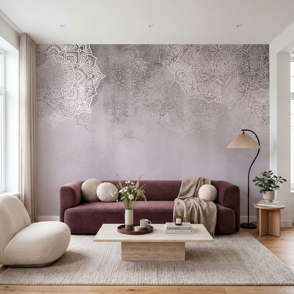 Kantmotieven boven een kleurwaas — interieur 1