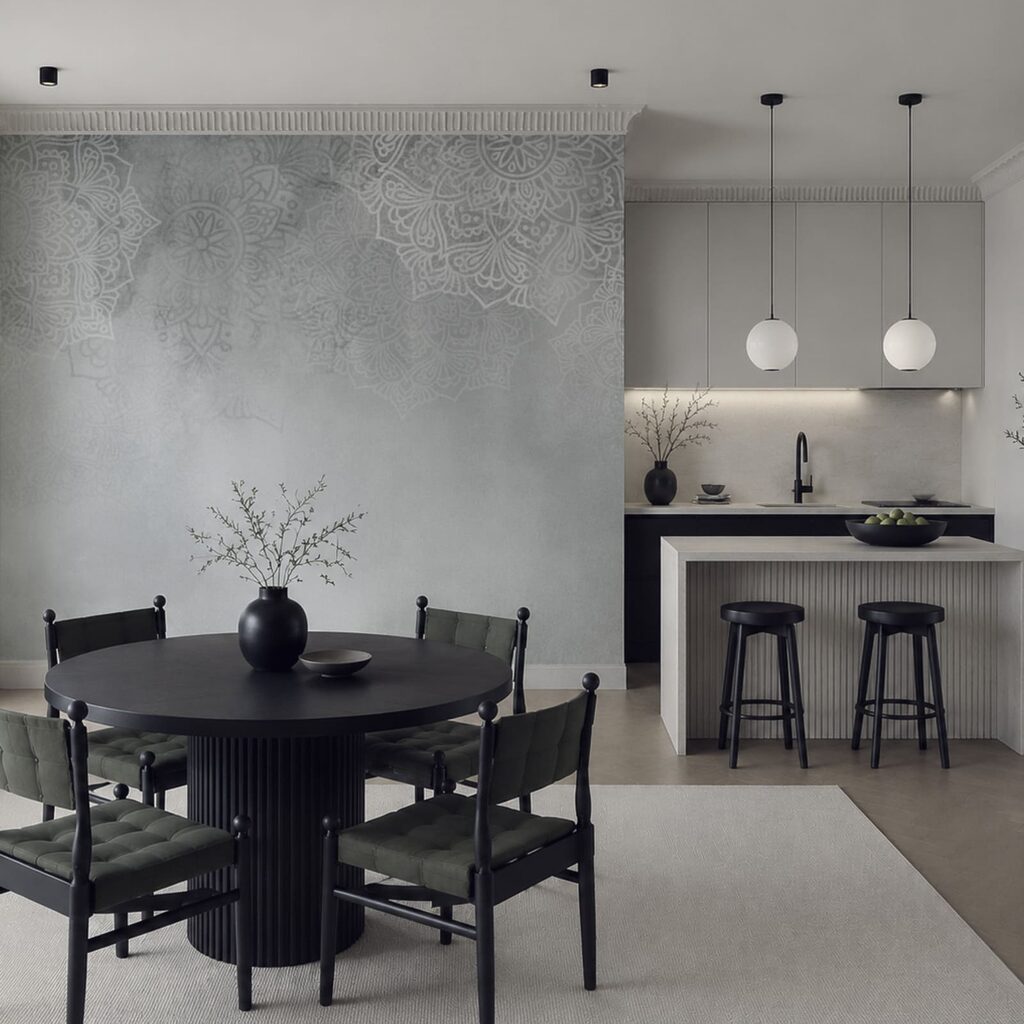 Kantmotieven boven een kleurwaas — interieur 3