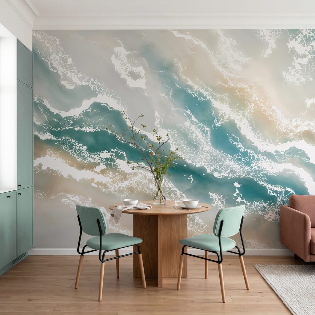 Blauwe en witte wolken in een interieur