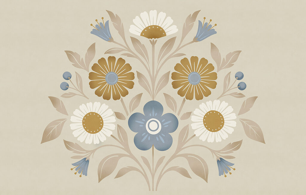 Bloemen in rond ornament — volledig ontwerp