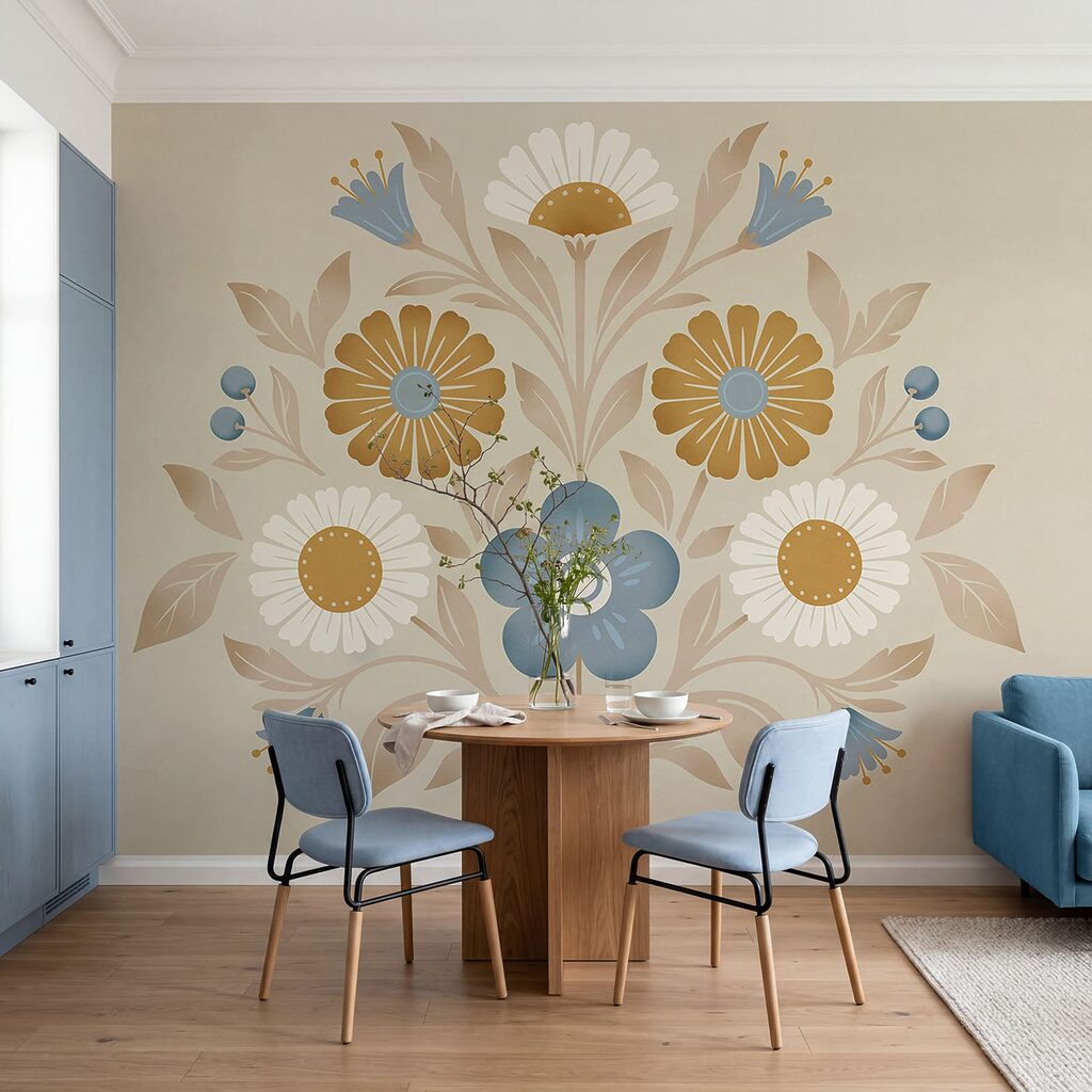 Kleurrijk bloemmotief in zachte tinten in een interieur
