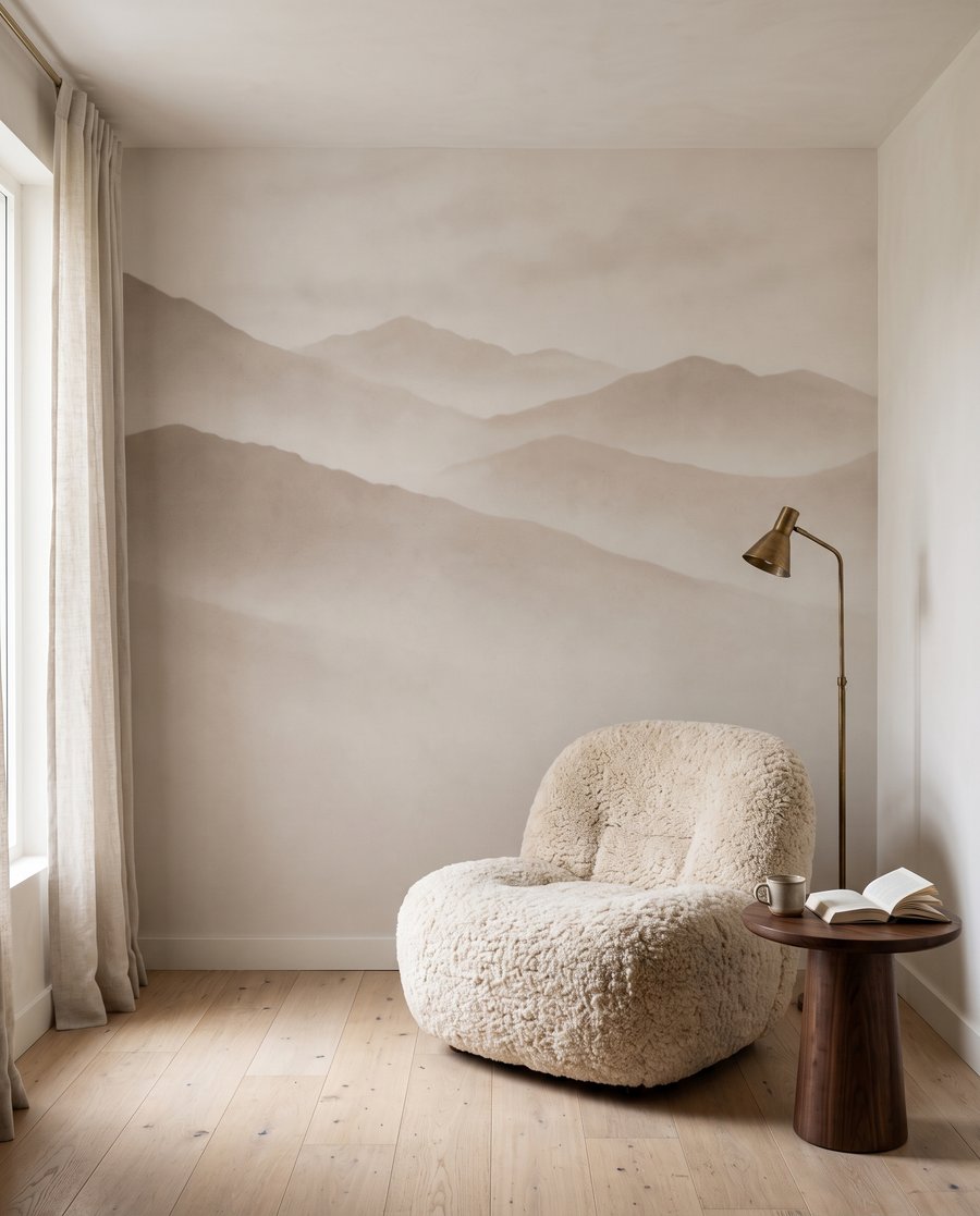 Verre bergruggen boven leegte in een interieur