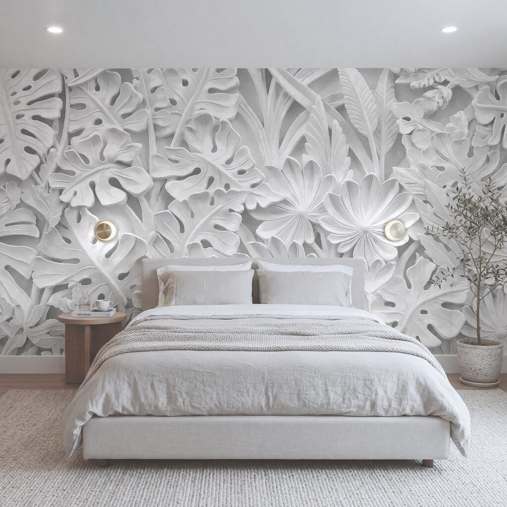 Elegant bloemmotief in witte tinten in een interieur