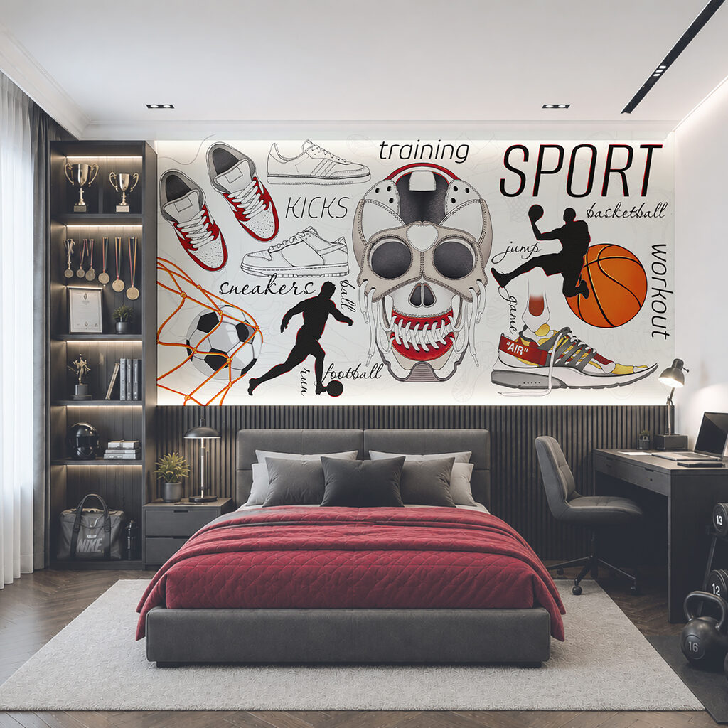 Schedel met een bal en schoenen in een interieur