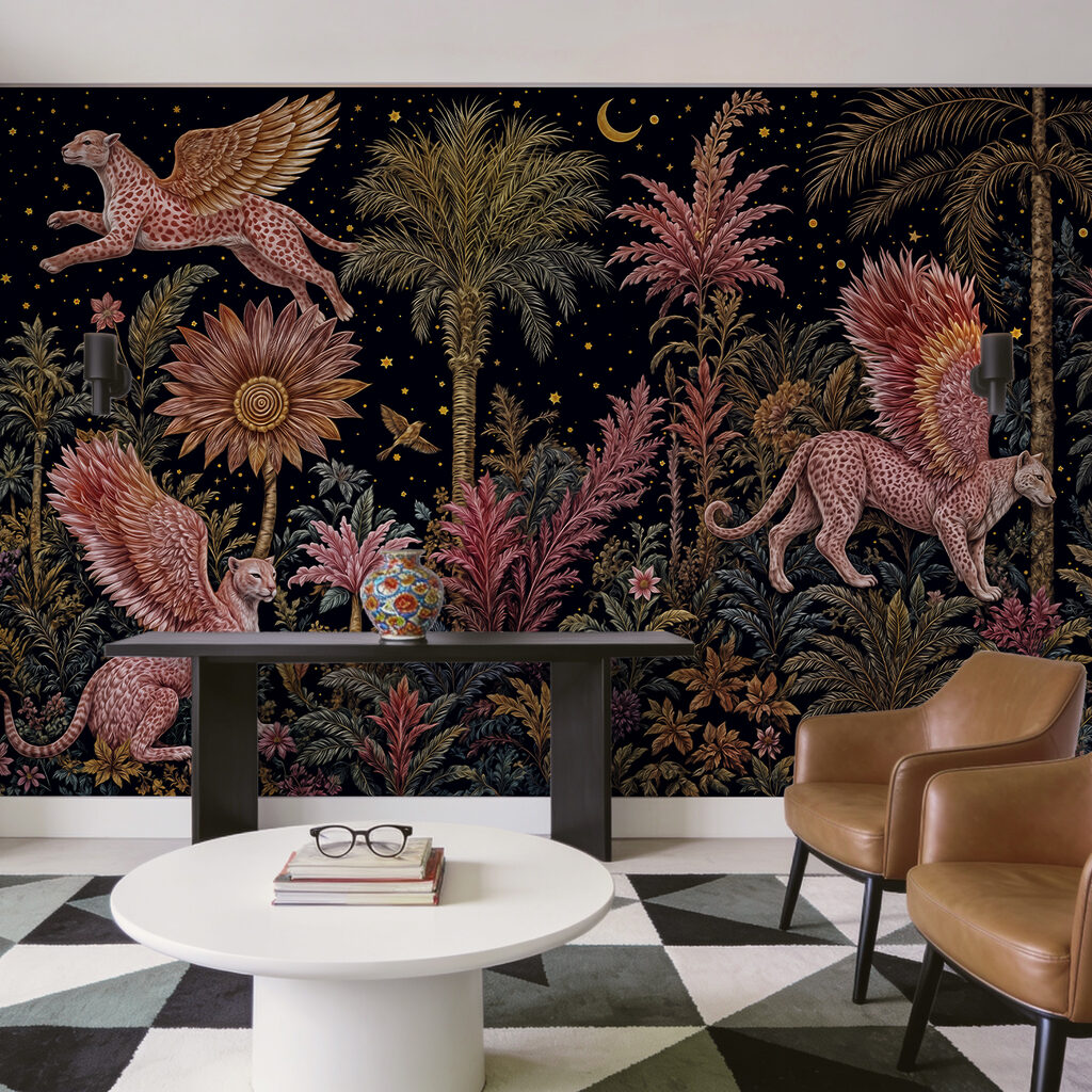 Schilderij van een kat en een luipaard met vleugels en bloemen in een interieur