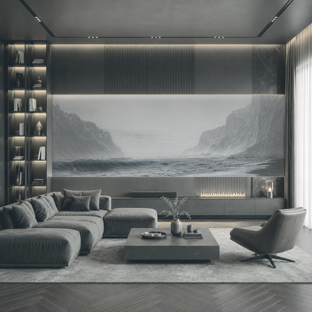 Strand met golven en bergen in een interieur