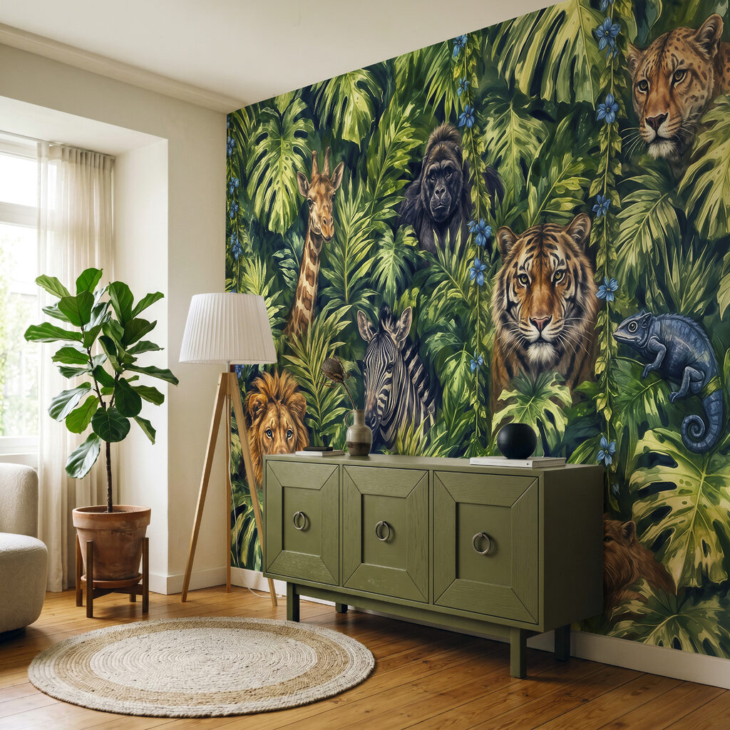 Een groep dieren in de jungle in een interieur