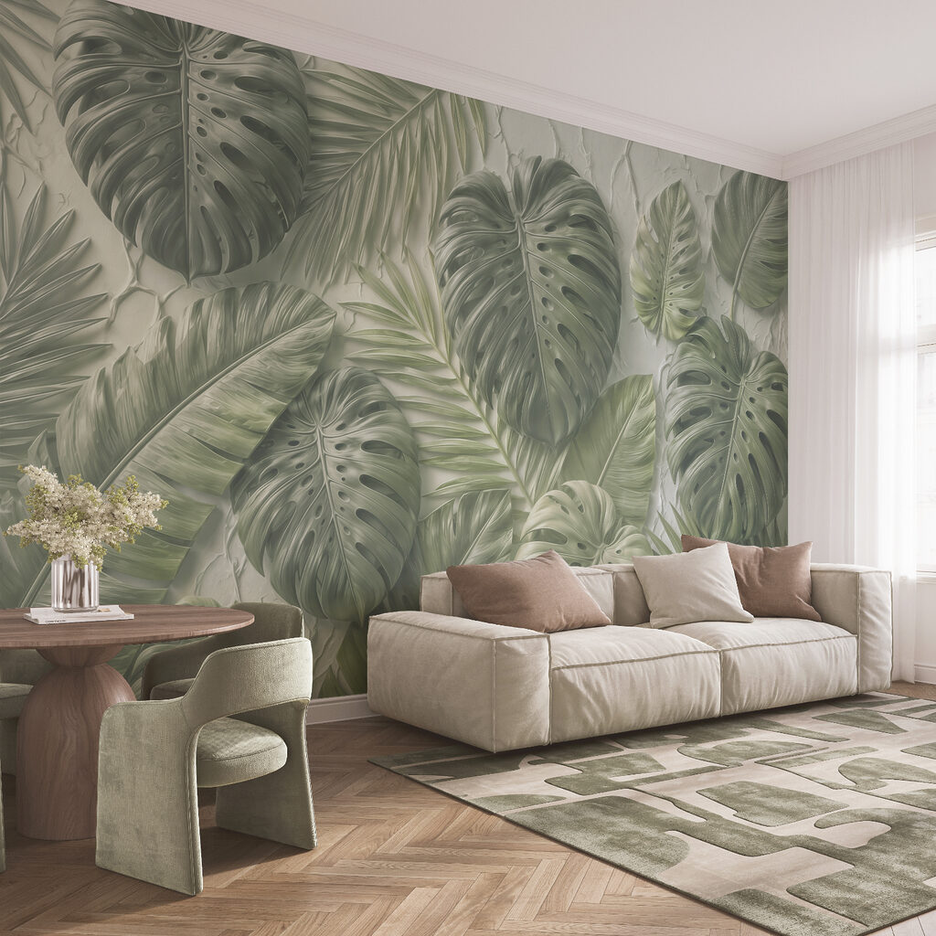 Groep groene bladeren in een interieur