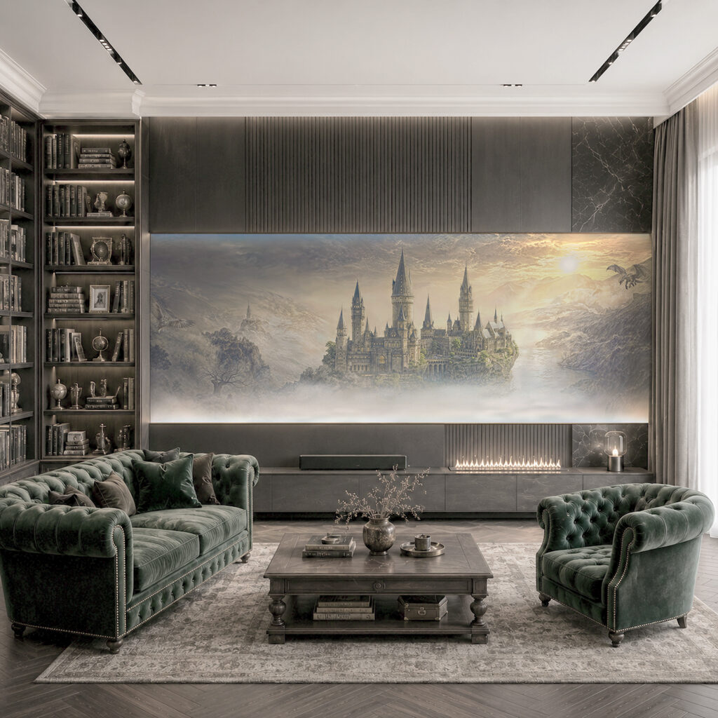 Kasteel op een heuvel met wolken in een interieur