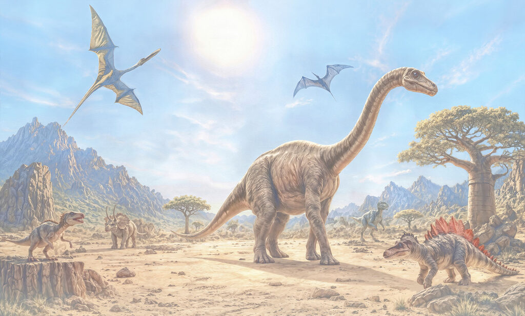 Dinosaurussen bij een waterpoel — volledig ontwerp