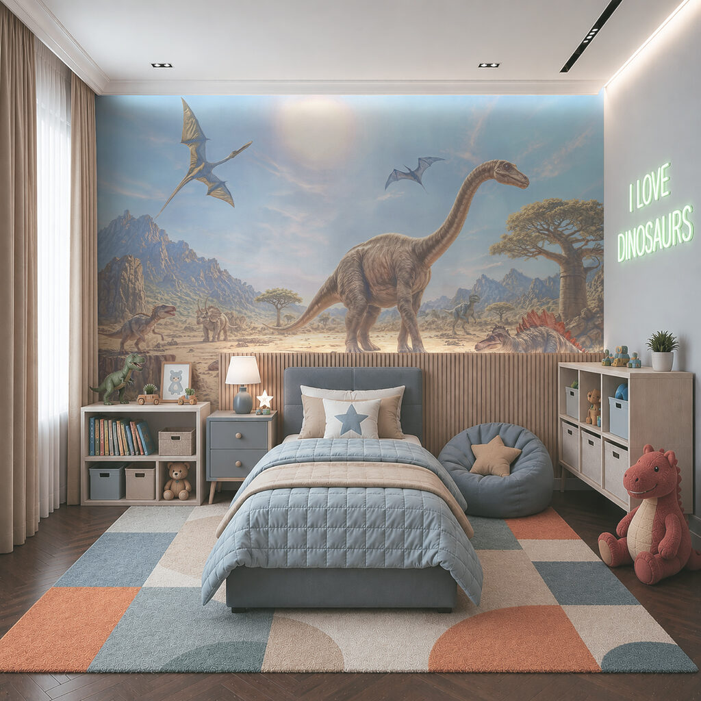 Een groep dinosaurussen in een woestijn in een interieur