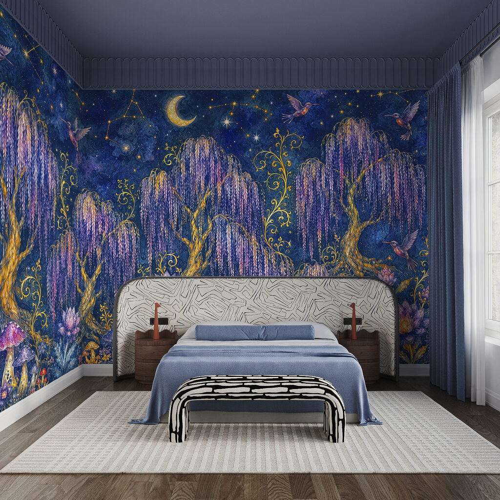 Schilderij van een bos met vogels en bloemen in een interieur
