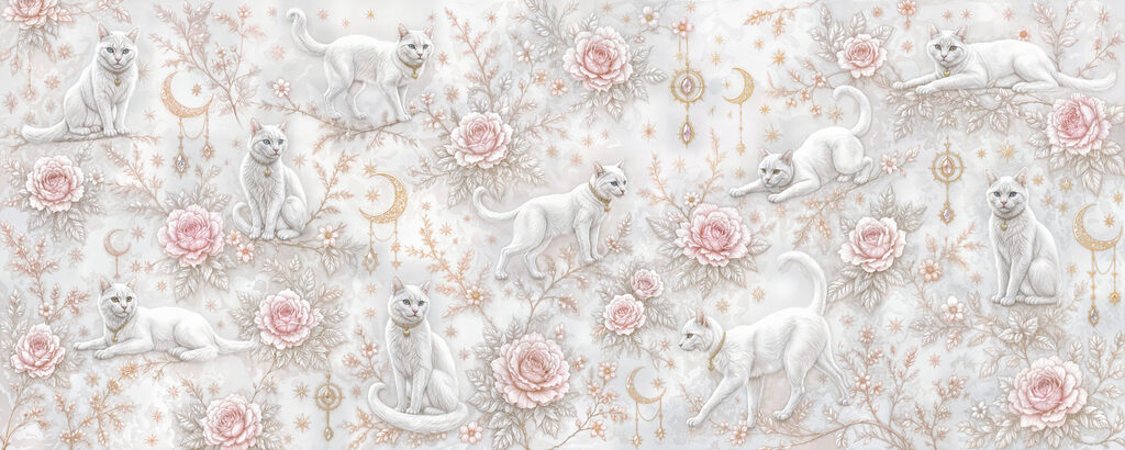 Witte katten tussen rozen — volledig ontwerp