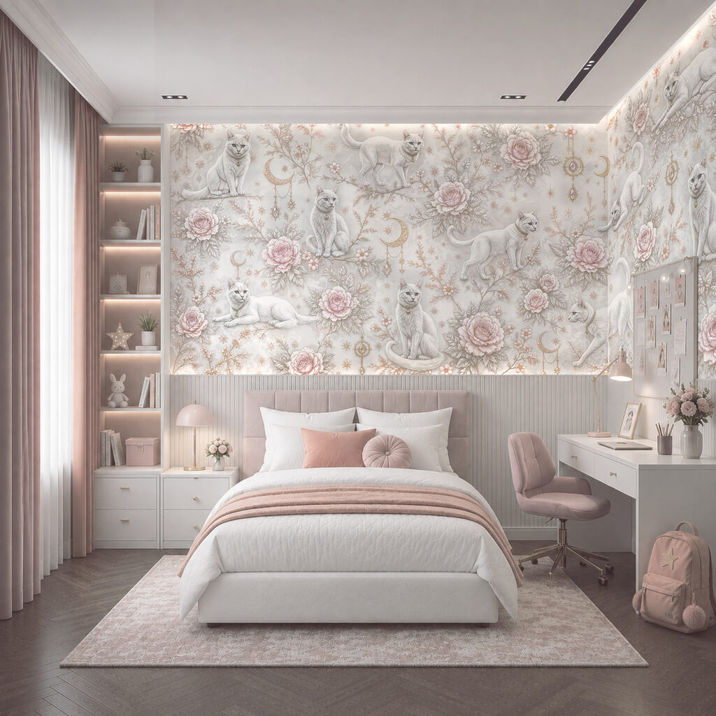 Speelse katten tussen bloeiende bloemen in een interieur