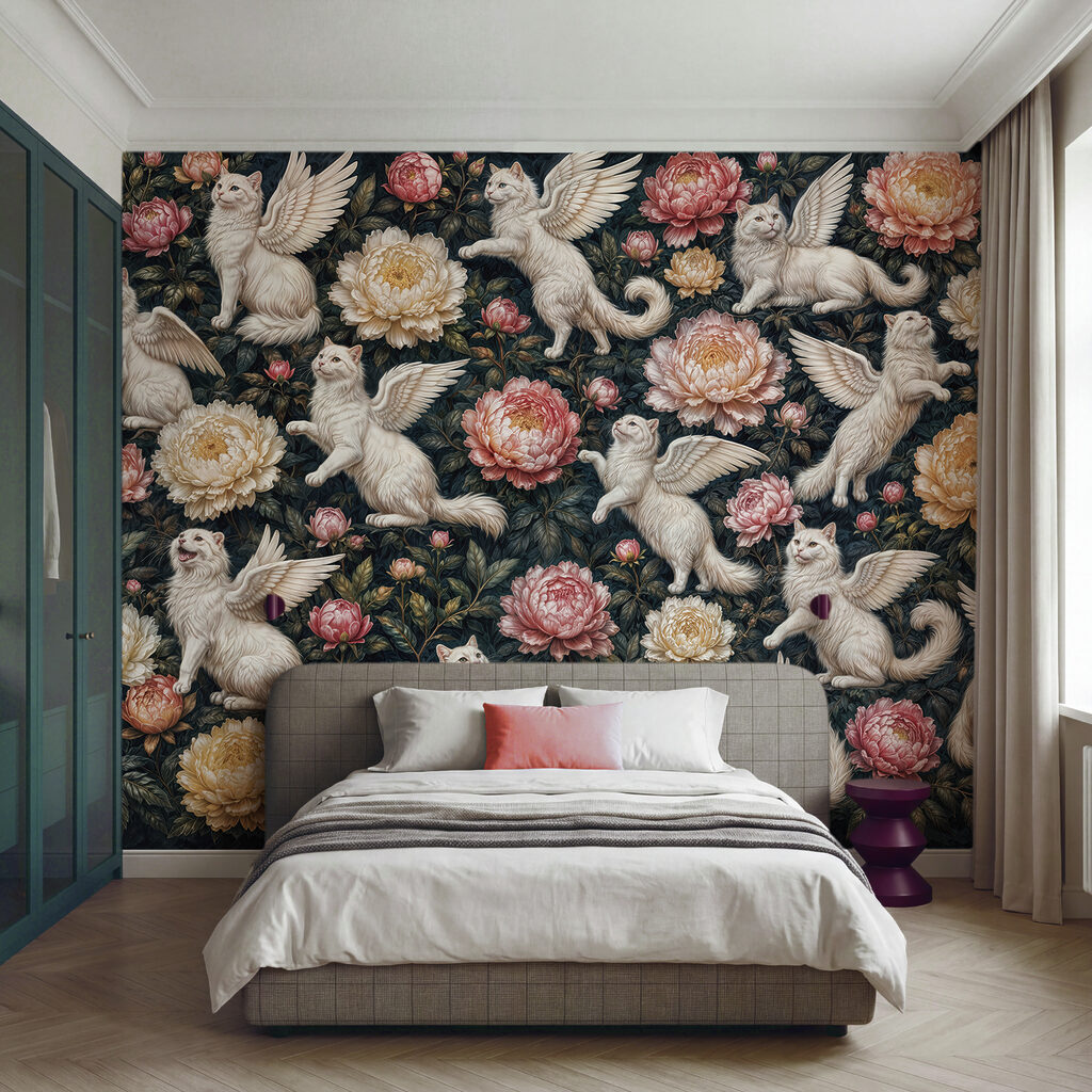Groep witte katten met vleugels en bloemen in een interieur
