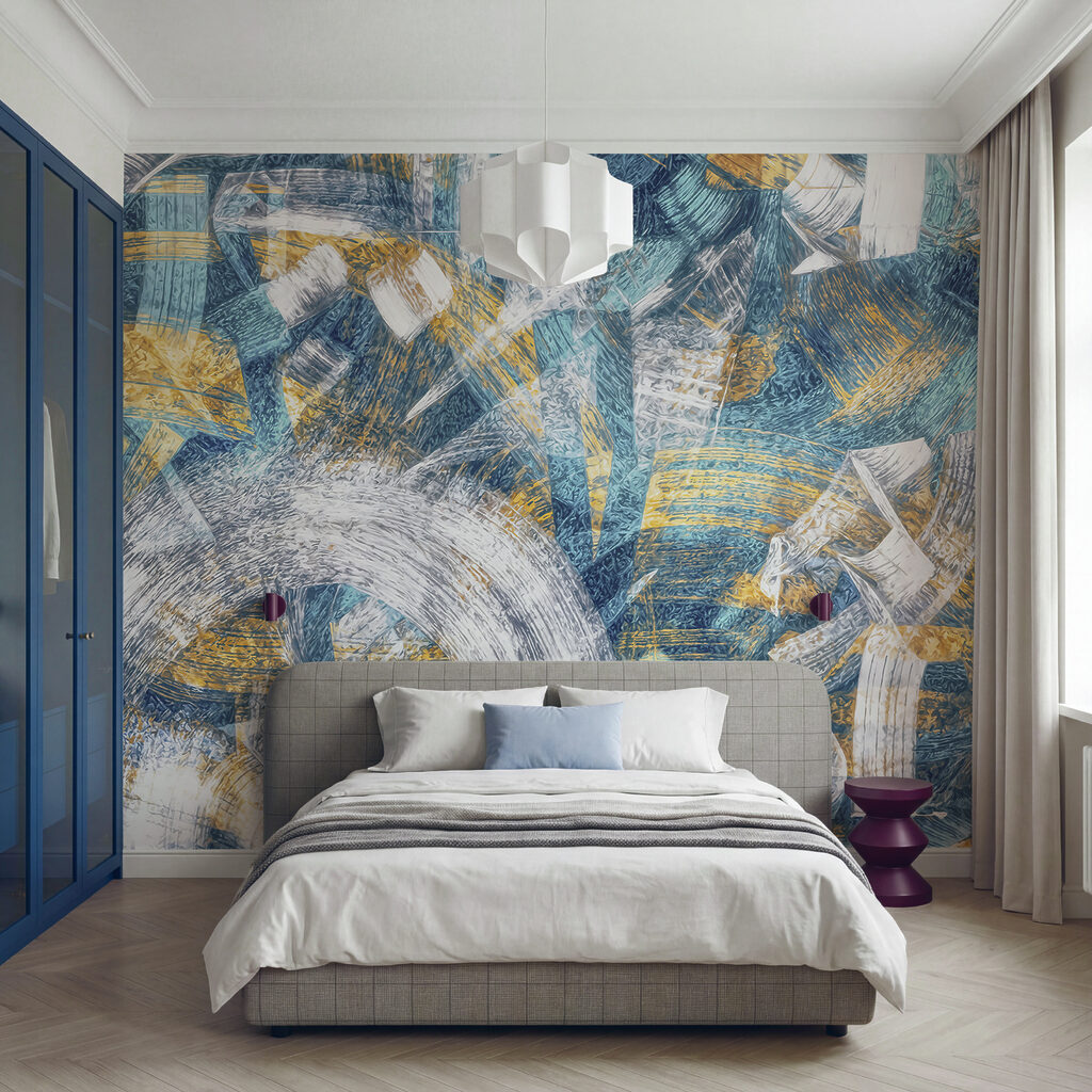 Abstracte penseelstreken in levendige kleuren in een interieur