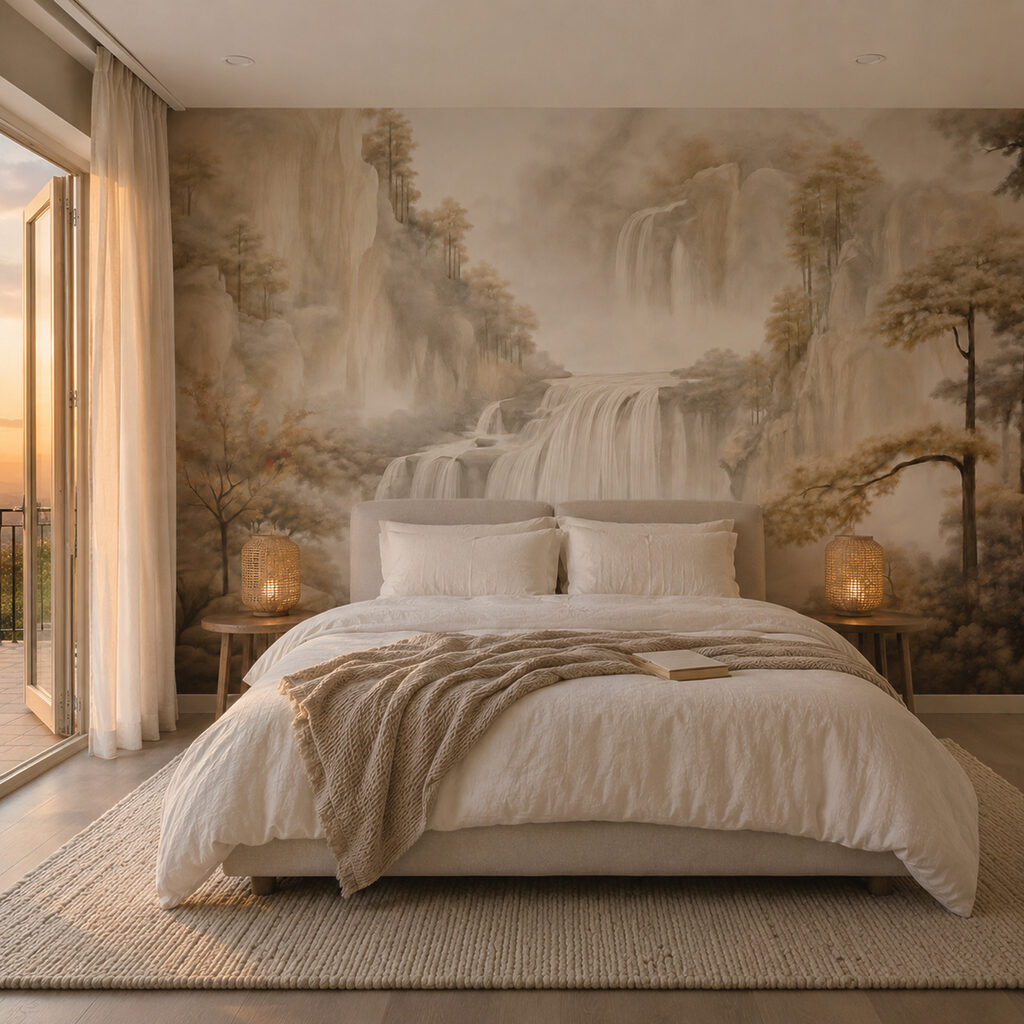 Waterval in een mistig landschap in een interieur
