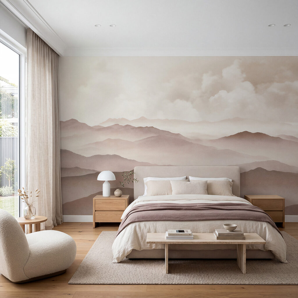 Mistig berglandschap in een interieur