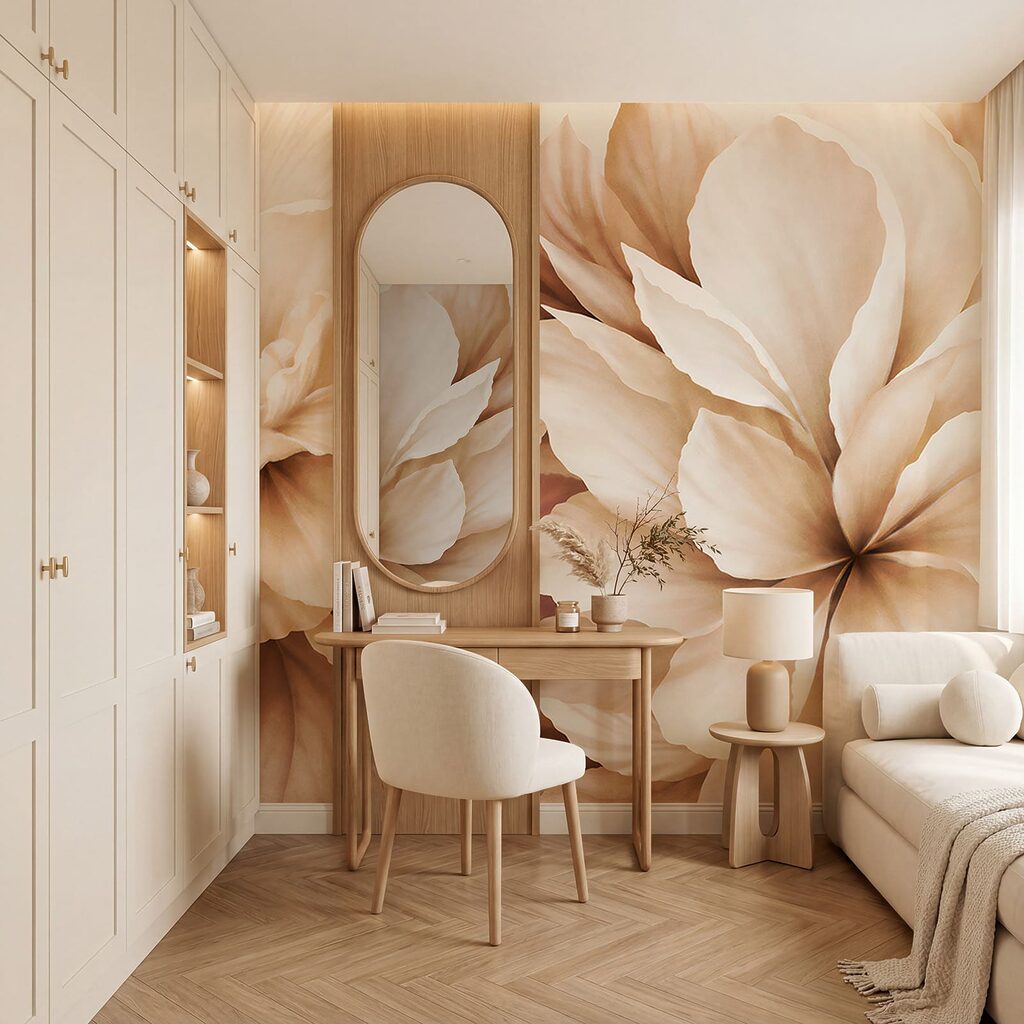 Fijne bloemblaadjes in zachte tinten in een interieur