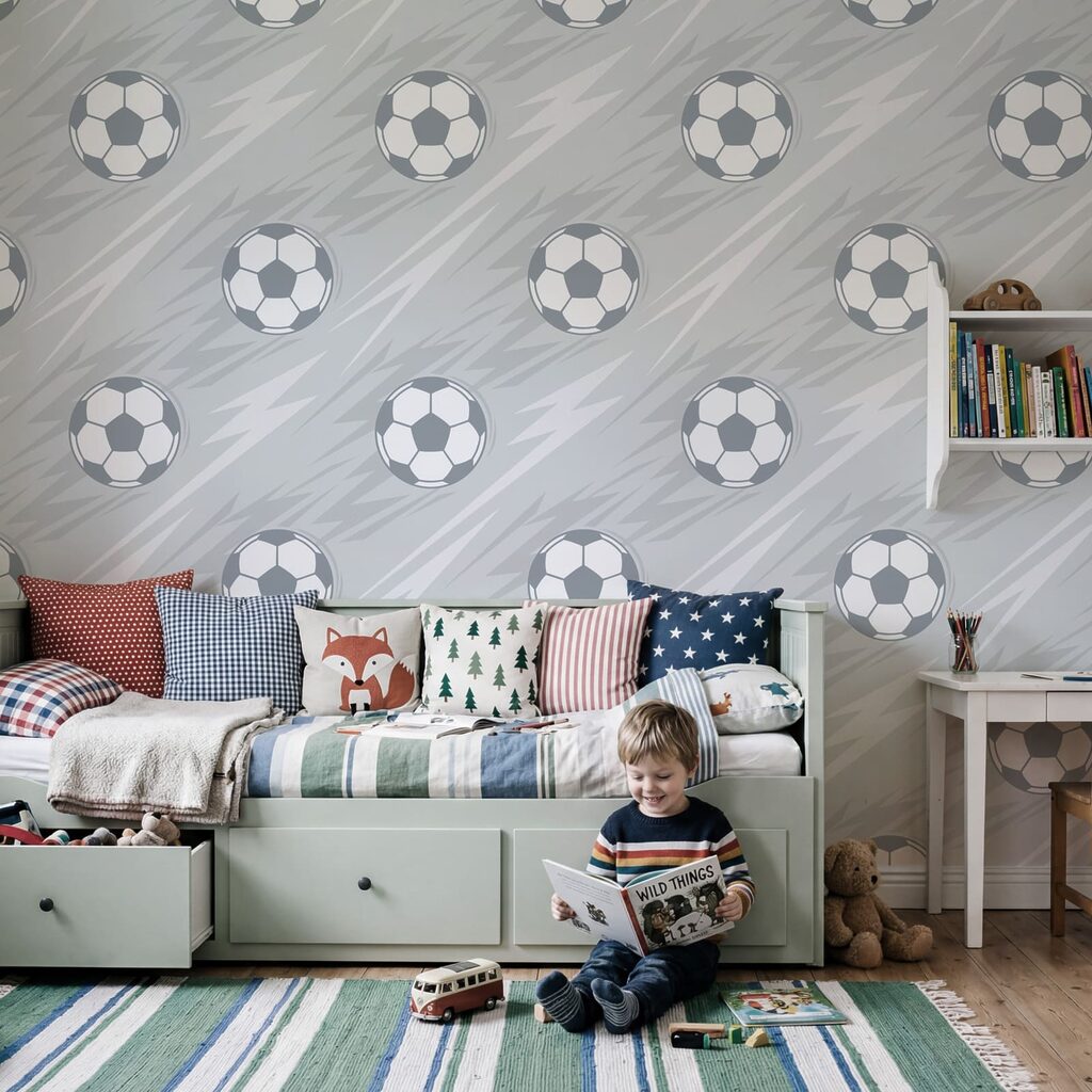 Patroon van voetballen in een interieur